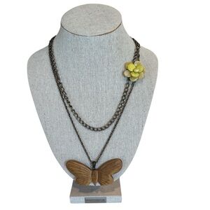Lucky Brand Chic Layered Brass Necklace with Wood Butterfly & Yellow Flower OS